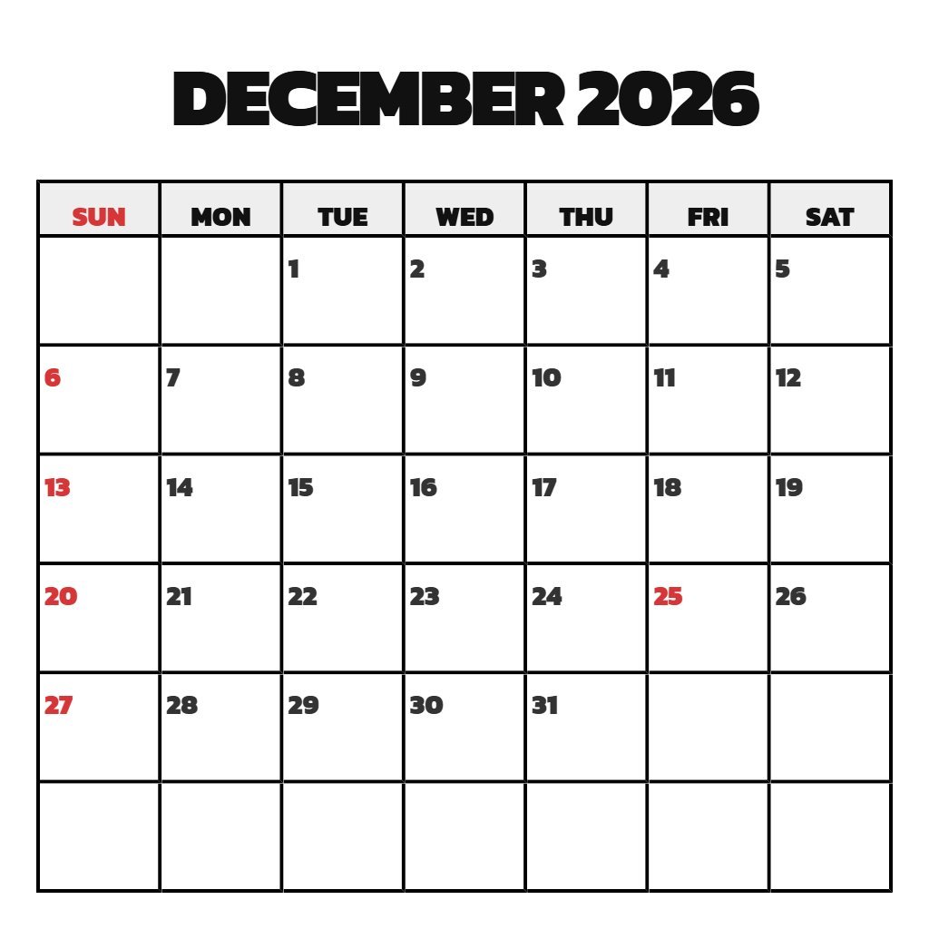 Free December 2026 Printable Calendar Free Schedule PDF Download
