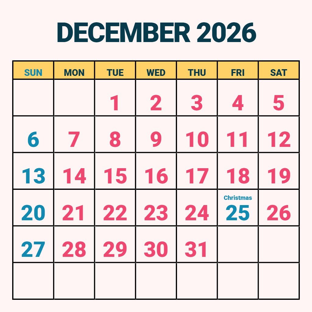 Custom December 2026 Printable Calendar Free Planning PDF Download