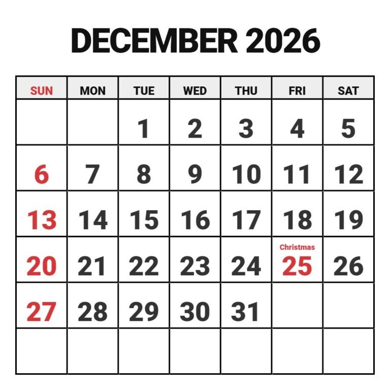December 2026 Printable Calendar Free PDF Download