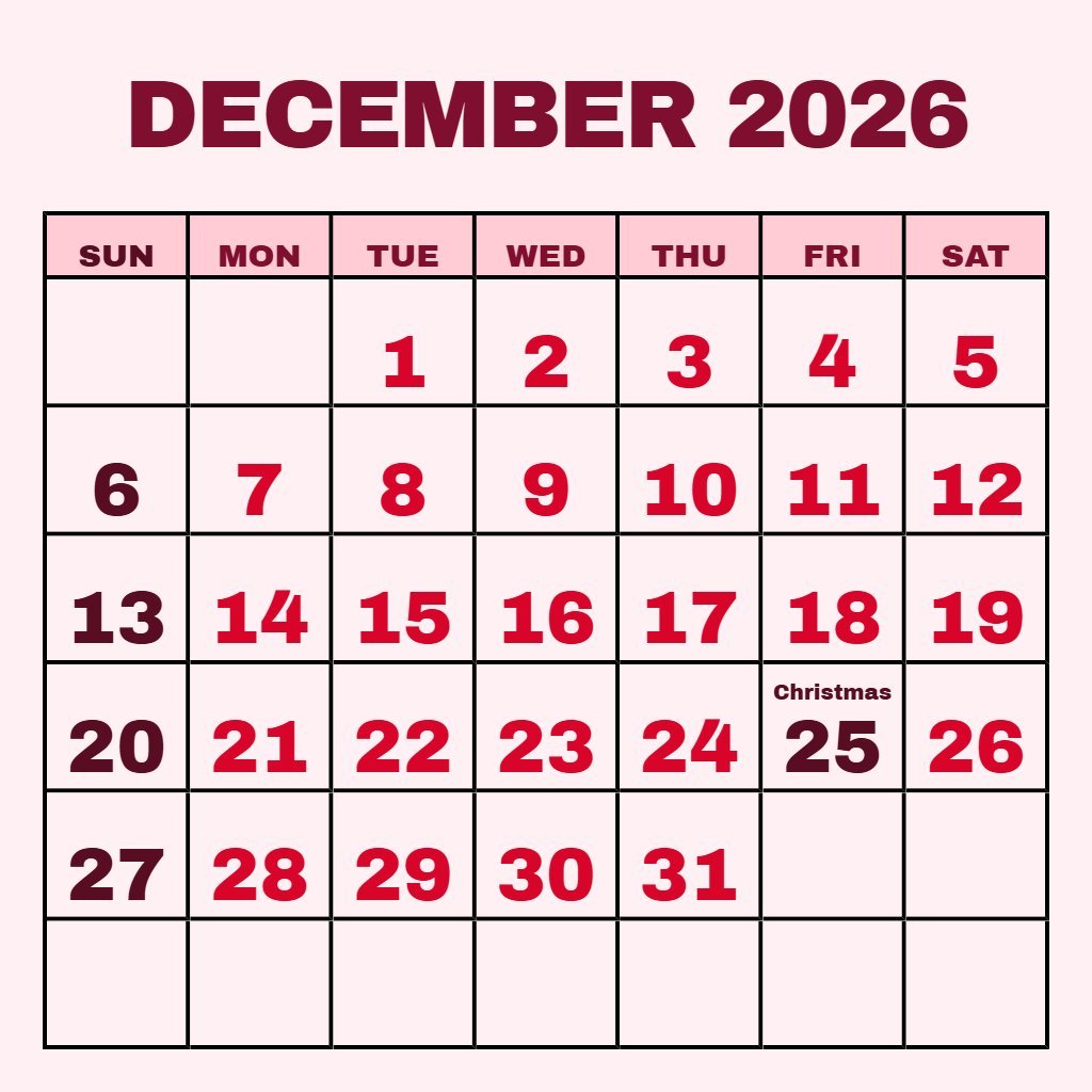 Editable December Calendar 2026 Printable Free Schedule PDF Download