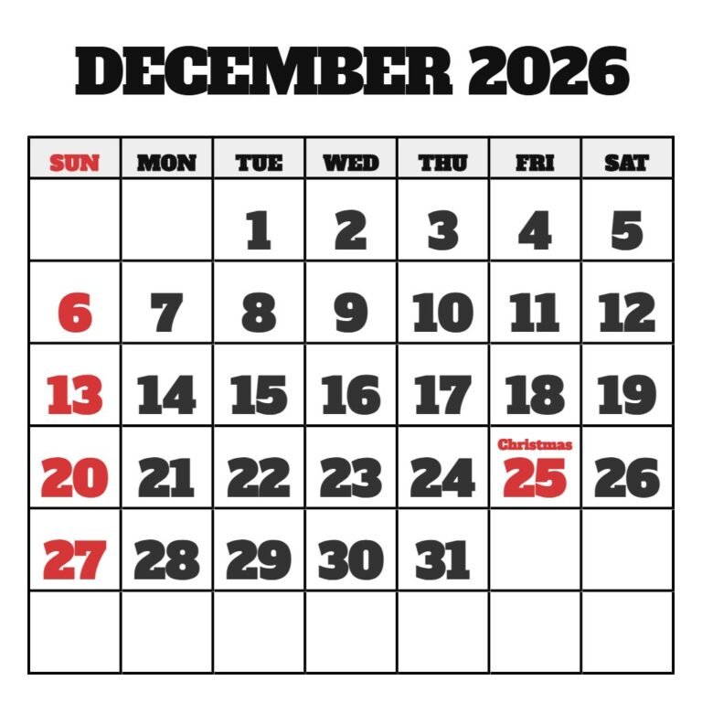 December Free Printable Calendar 2026 PDF Download