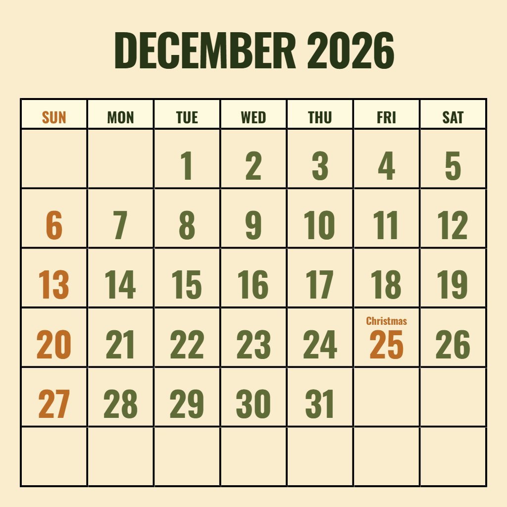 Editable December Printable Calendar 2026 Free Schedule PDF Download