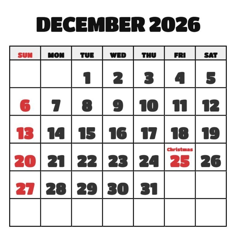 December Printable Calendar 2026 Free PDF Download