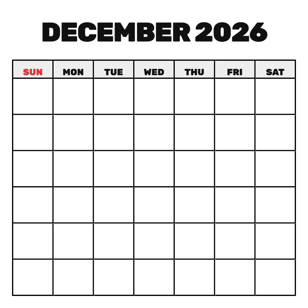 December Printable Calendar 2026 Free Blank PDF Download
