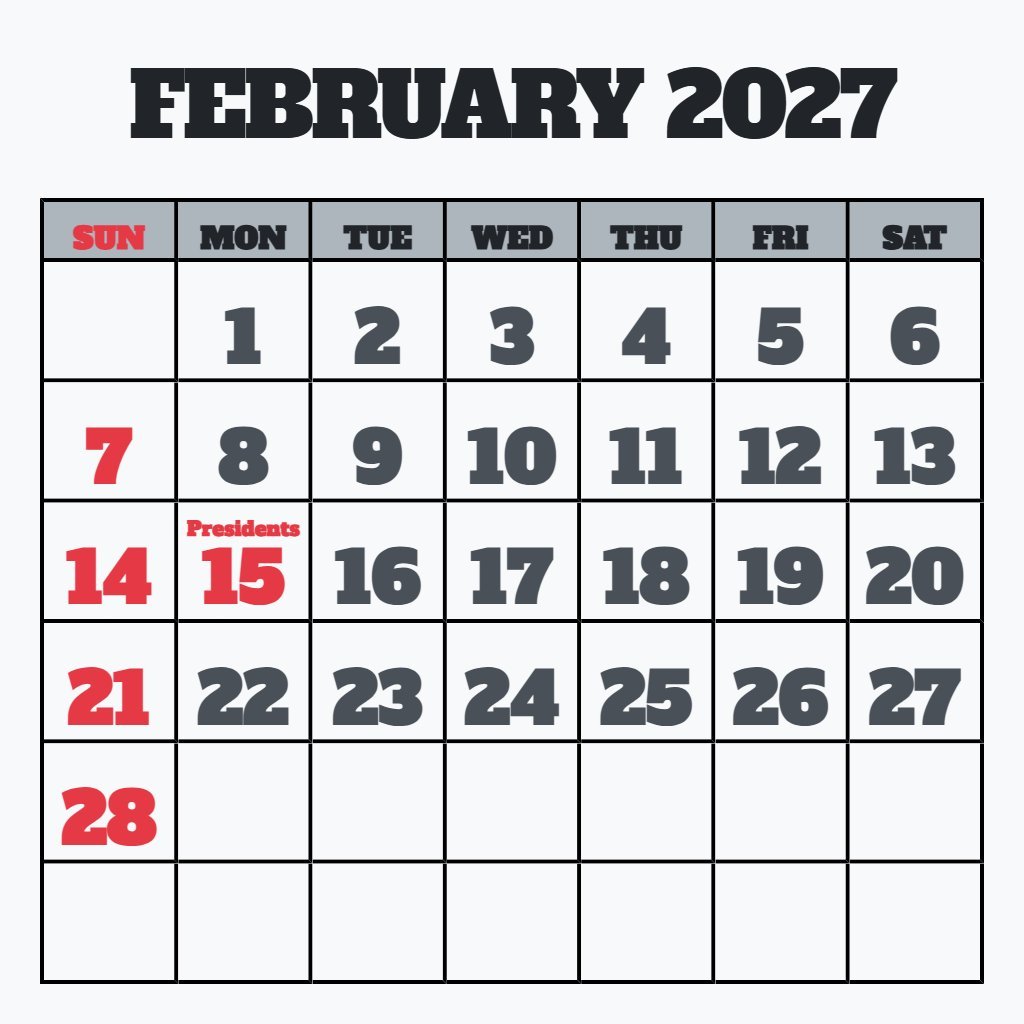 Editable Feb 2027 Calendar Printable Free Schedule PDF Download
