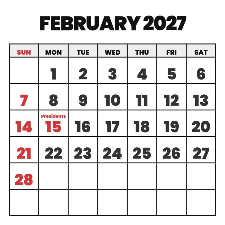 Feb 2027 Calendar Printable Free PDF Download