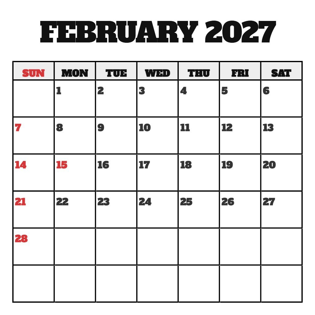 Free Feb 2027 Calendar With Holidays Printable Wallpaper PDF Download
