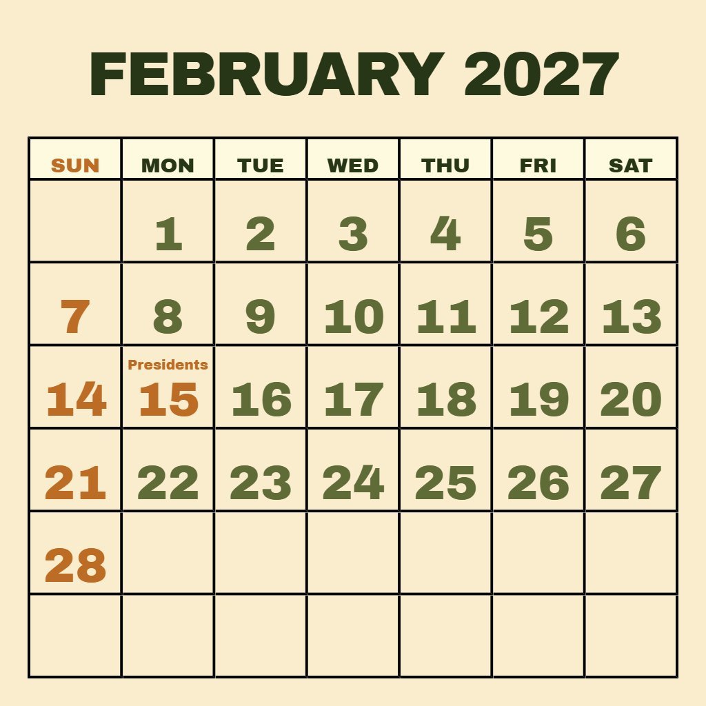 Free Feb 2027 Calendar With Holidays Printable Planning PDF Download