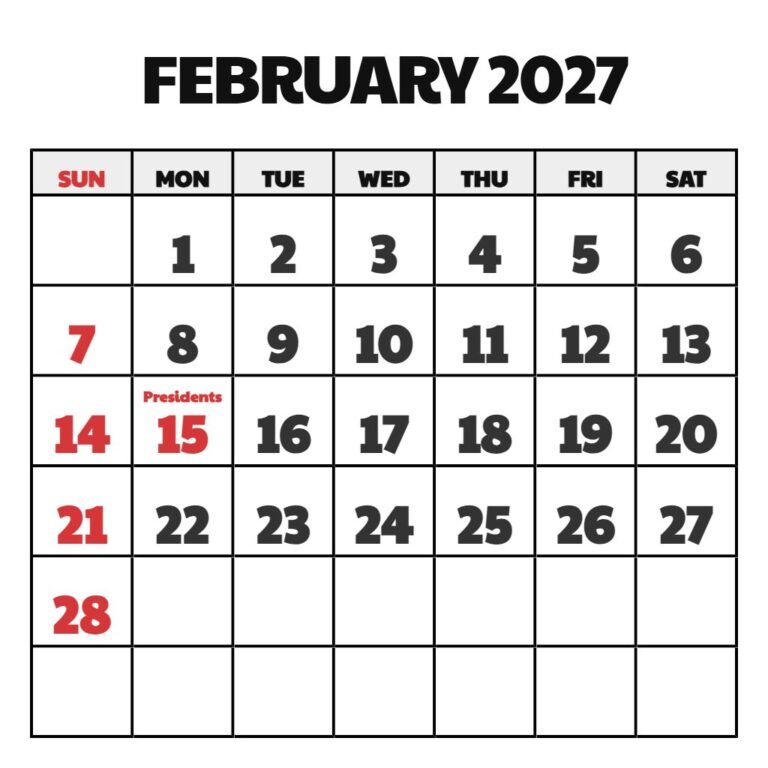 Feb 2027 Calendar With Holidays Printable PDF Download