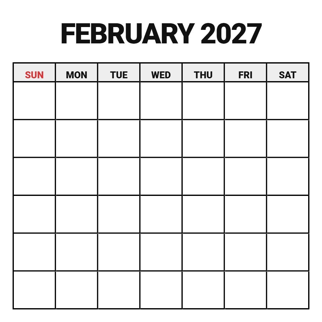 Feb 2027 Calendar With Holidays Printable Blank PDF Download