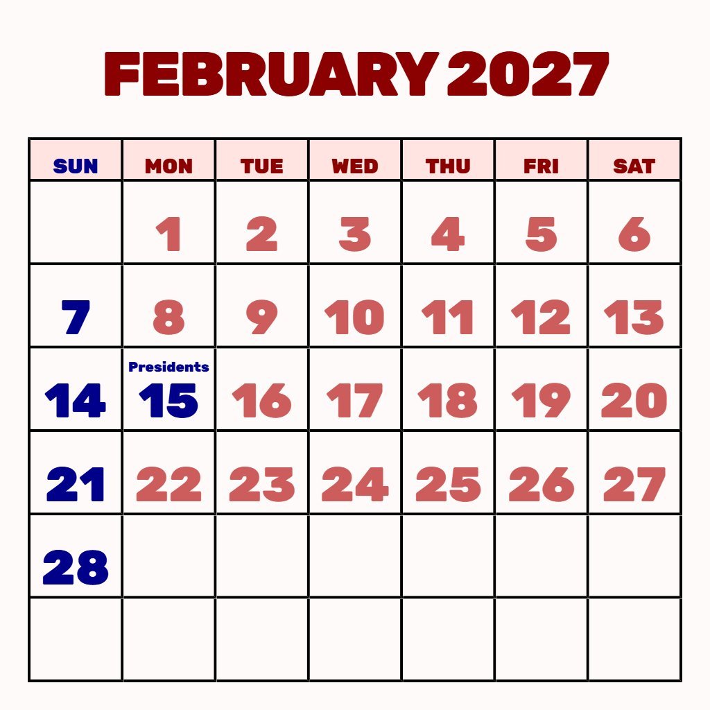 Custom February 2027 Calendar Free Printable Pdf Planning PDF Download