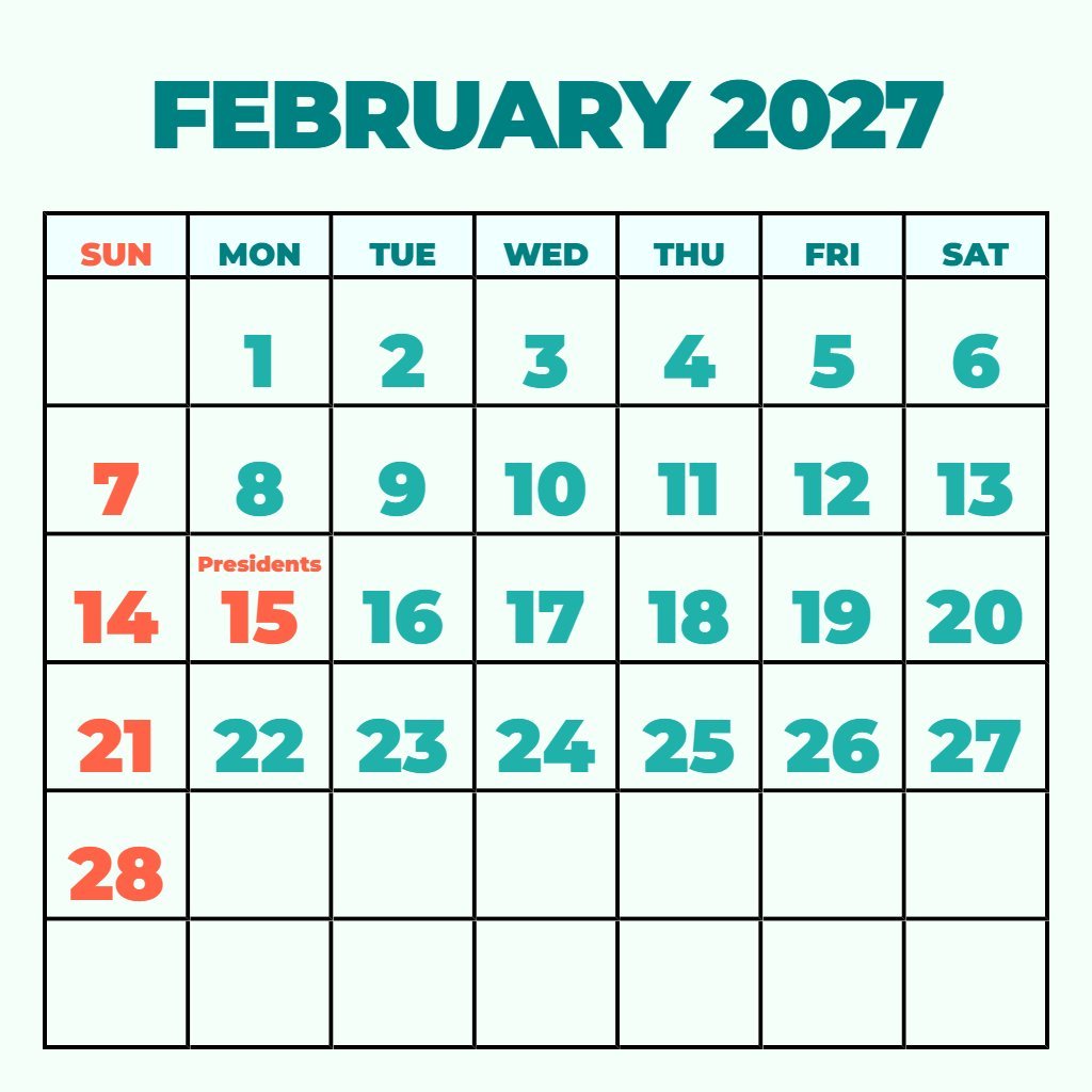 Cute February 2027 Calendar With Holidays Printable Notes PDF Download