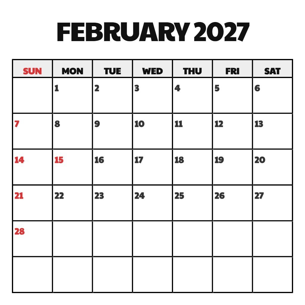 Cute February 2027 Calendar With Holidays Printable Free Wallpaper PDF Download