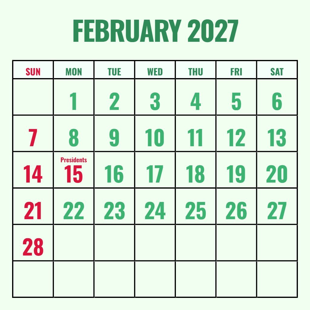 Custom February 2027 Calendar With Holidays Printable Free Wallpaper PDF Download