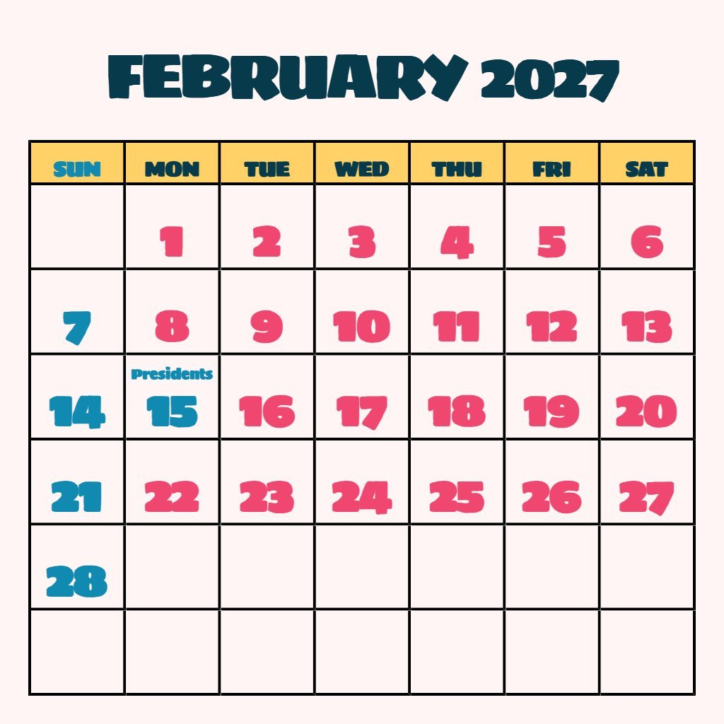 Cute February 2027 Calendar With Holidays Printable Free Wallpaper PDF Download