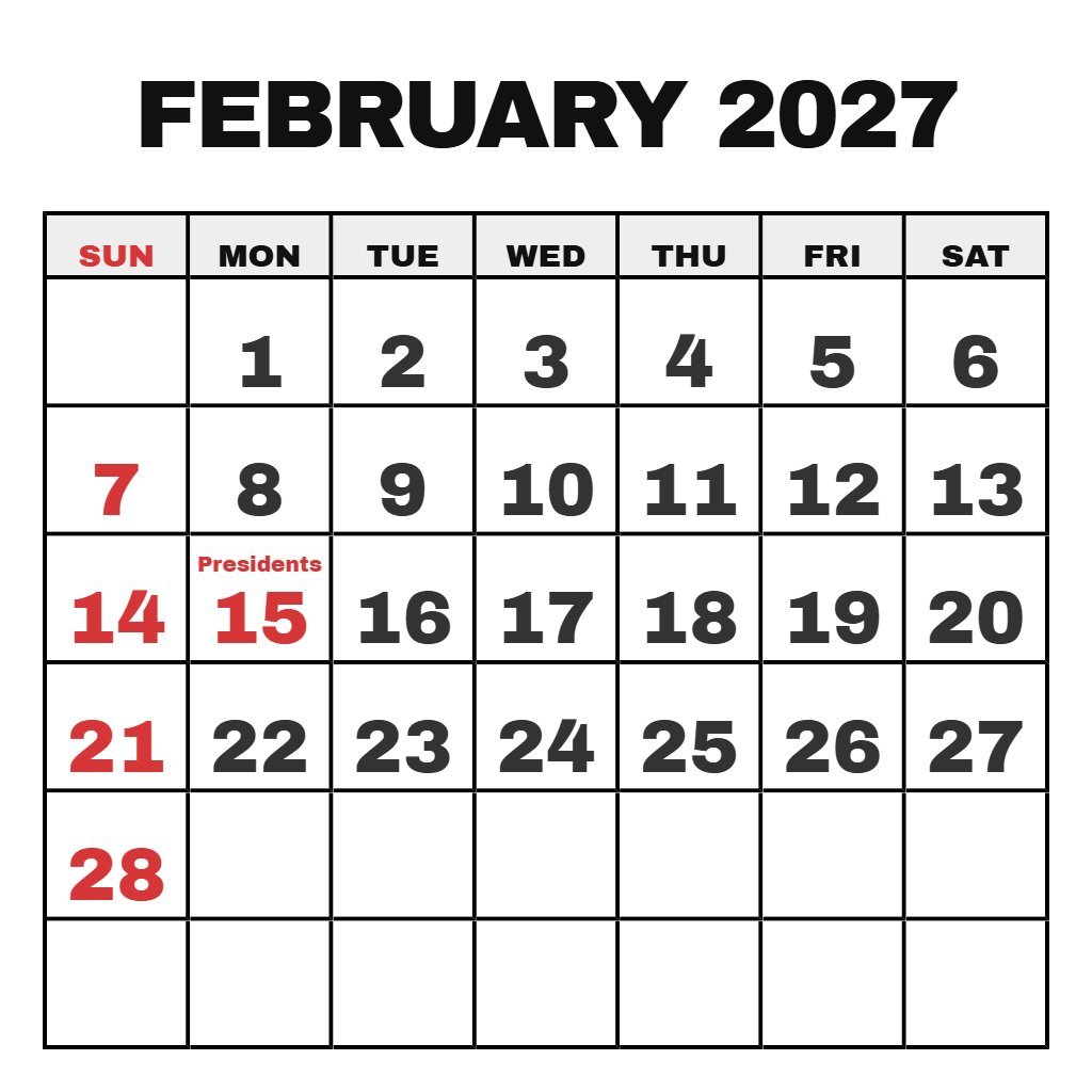 February 2027 Calendar With Holidays Printable Free PDF Download
