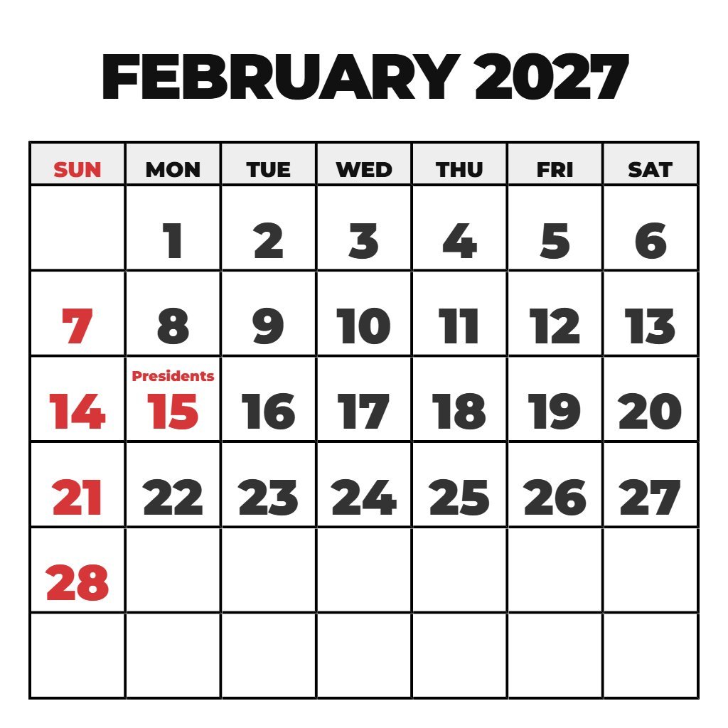 February 2027 Calendar With Holidays Printable PDF Download