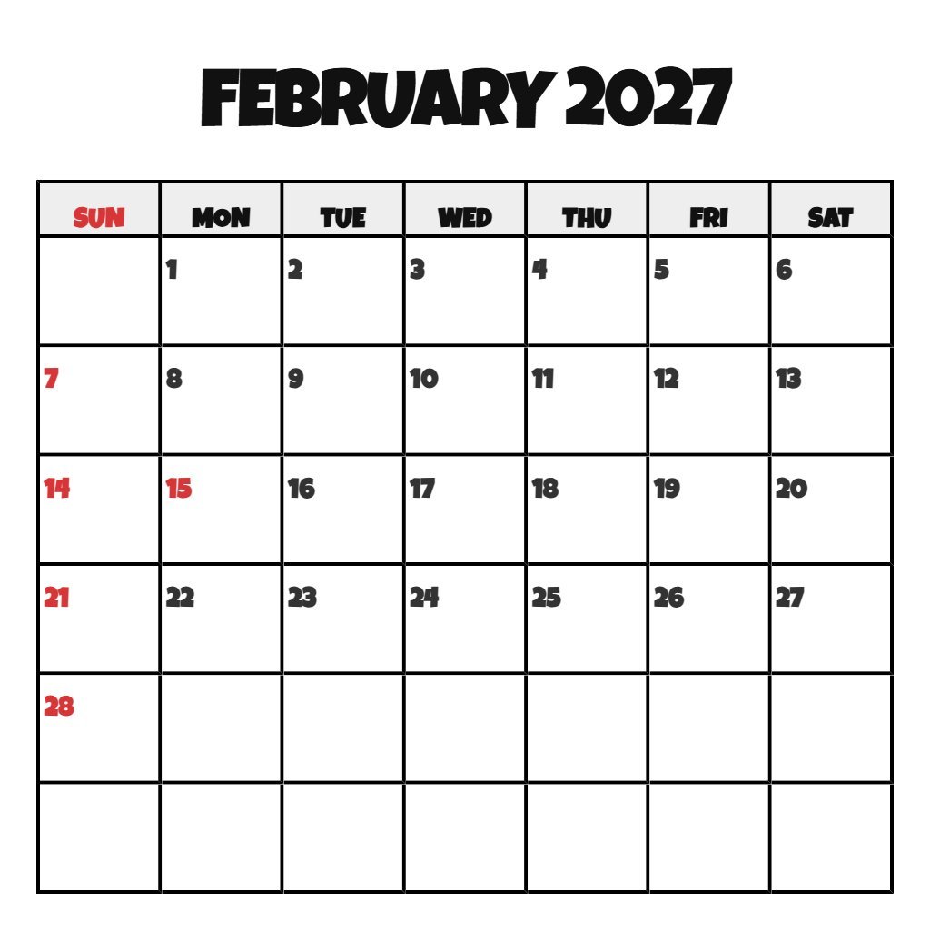 Custom February 2027 Free Printable Calendar Schedule PDF Download