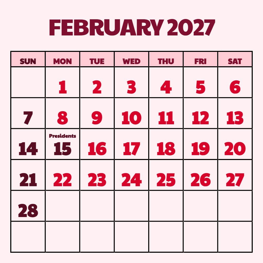 Editable February 2027 Free Printable Calendar Schedule PDF Download