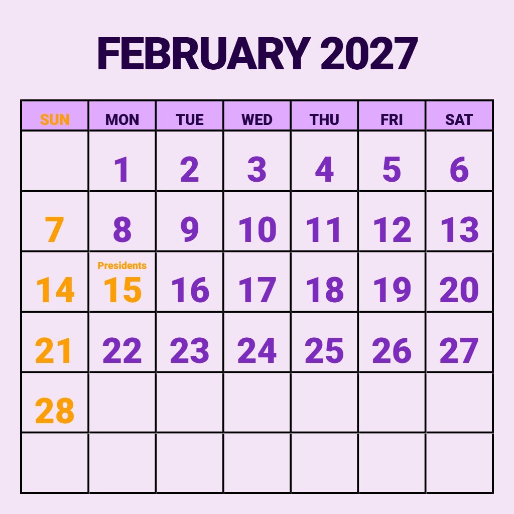 Custom February 2027 Free Printable Calendar Wallpaper PDF Download