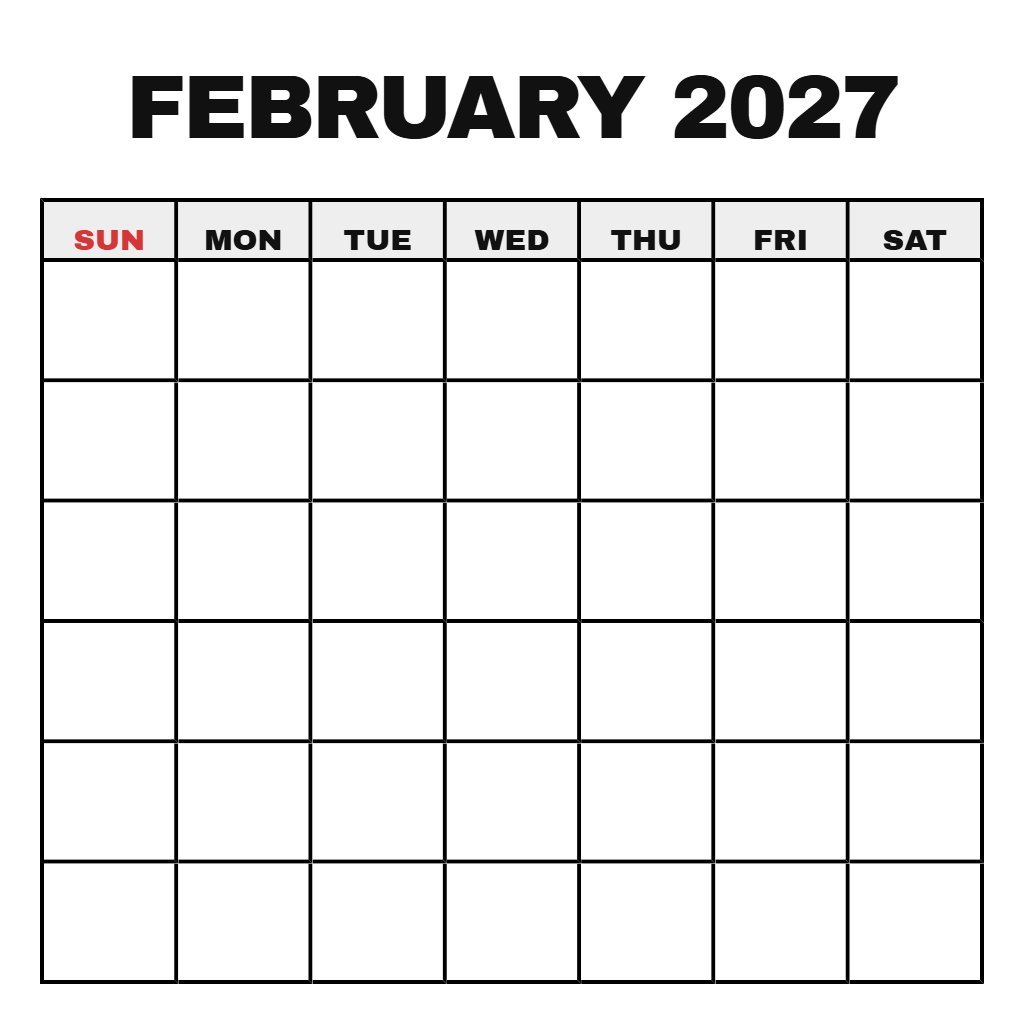 February 2027 Free Printable Calendar Blank PDF Download