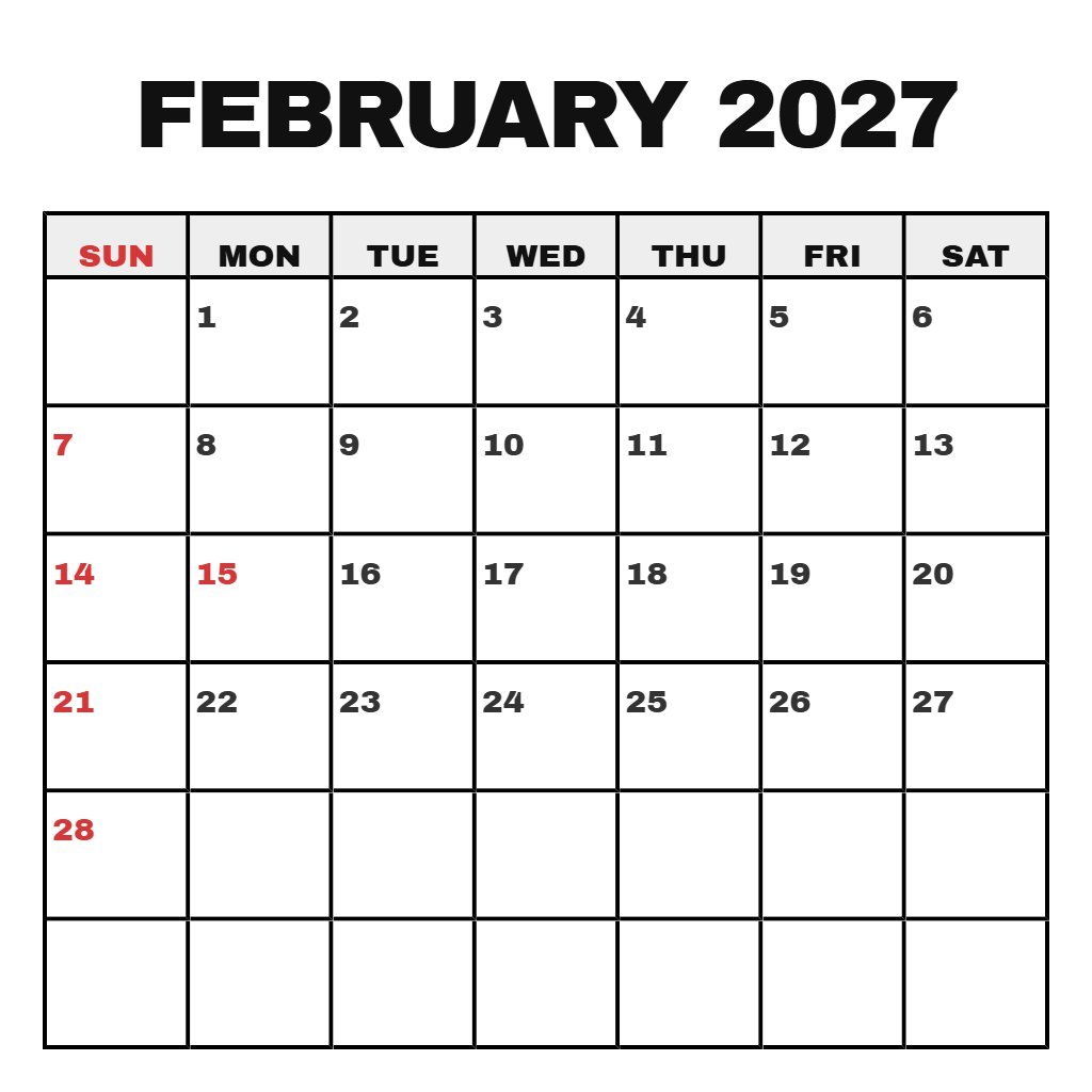 Free February 2027 Printable Calendar Free Schedule PDF Download