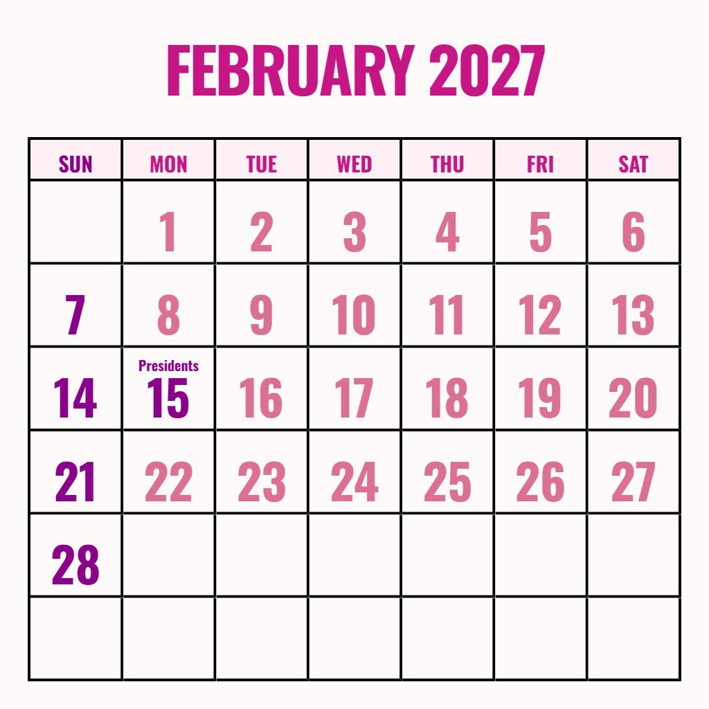 Cute February 2027 Printable Calendar Free Notes PDF Download