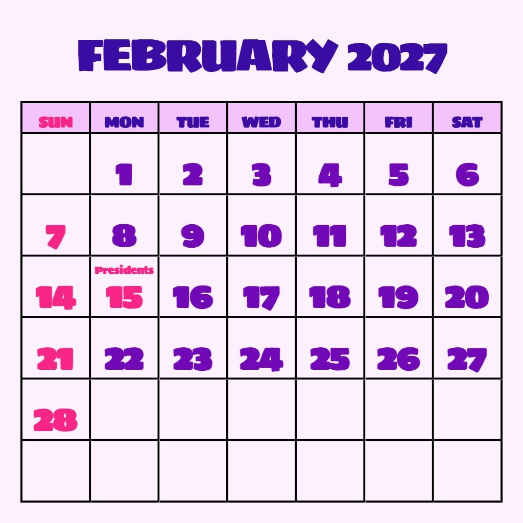 Cute February 2027 Printable Calendar Free Planning PDF Download