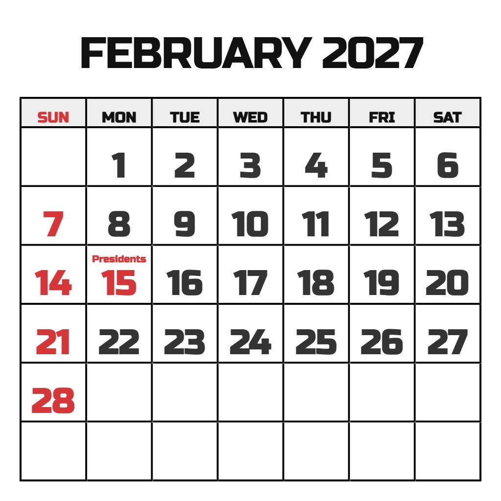 February 2027 Printable Calendar Free PDF Download
