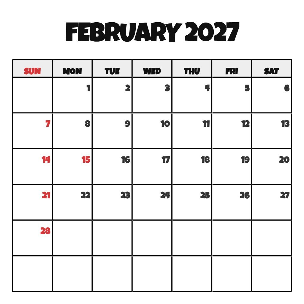 Editable February 2027 Printable Calendar With Holidays Notes PDF Download