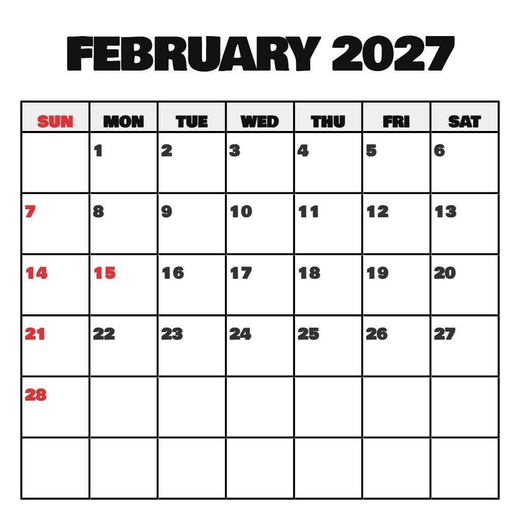 Free February 2027 Printable Calendar With Holidays Notes PDF Download