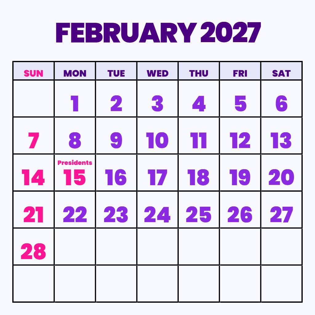 Custom February 2027 Printable Calendar With Holidays Planning PDF Download