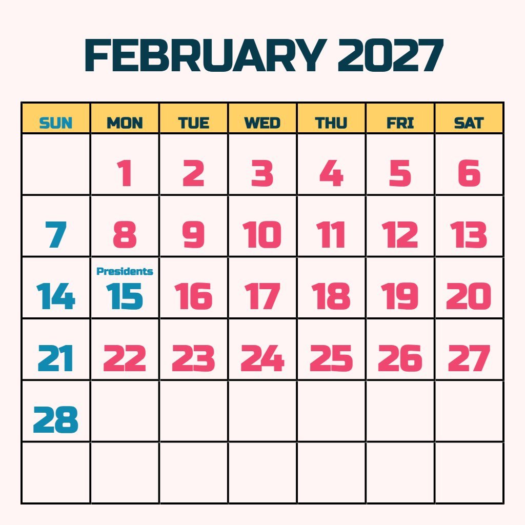 Editable February 2027 Printable Calendar With Holidays Wallpaper PDF Download