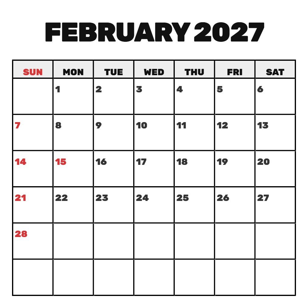 Editable February Free Printable Calendar 2027 Schedule PDF Download