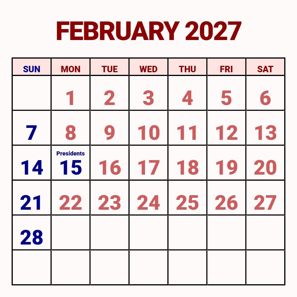 Cute February Free Printable Calendar 2027 Schedule PDF Download
