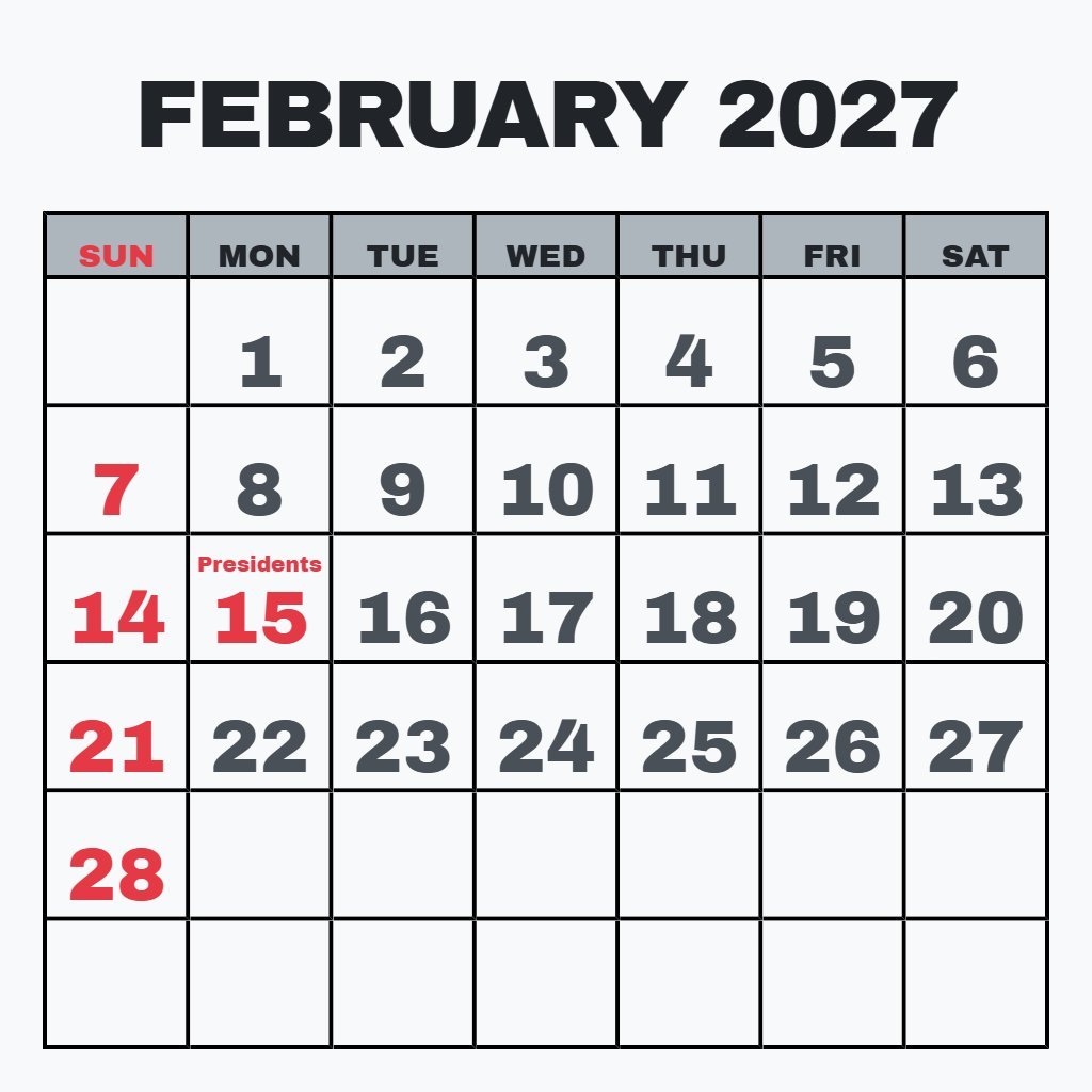 Free February Free Printable Calendar 2027 Wallpaper PDF Download
