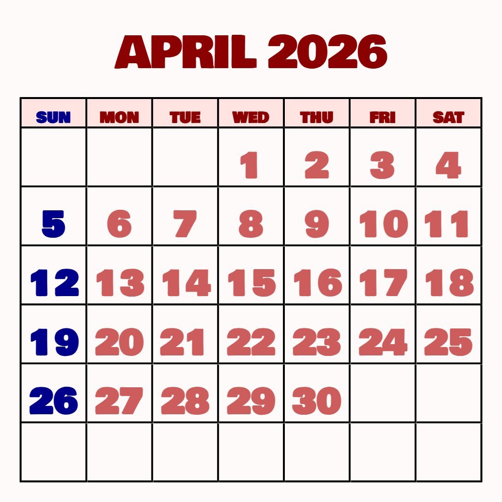 Cute Free April 2026 Calendar Printable Wallpaper PDF Download Cute Free April 2026 Calendar Printable Wallpaper PDF Download