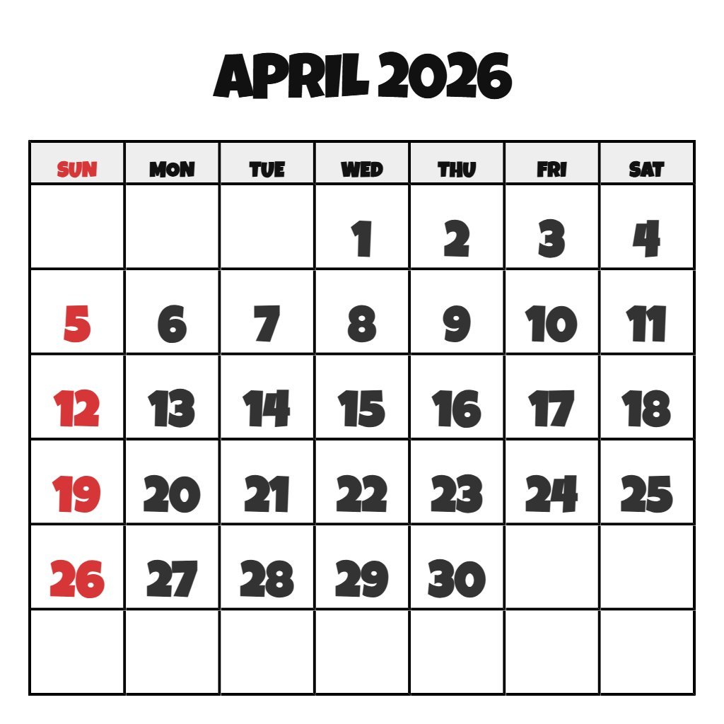 Free April 2026 Calendar Printable Free April 2026 Calendar Printable PDF Download