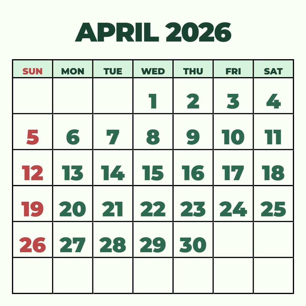 Editable Free April 2026 Printable Calendar Planning PDF Download