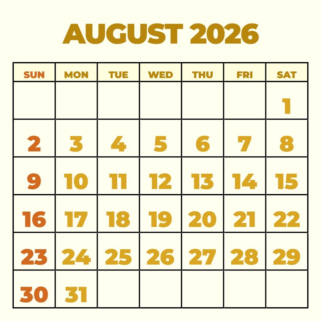 Custom Free August 2026 Printable Calendar Schedule PDF Download