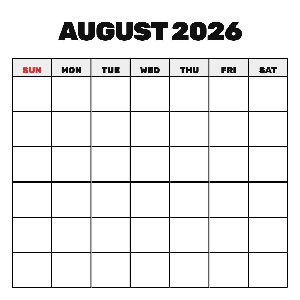 Free August 2026 Printable Calendar Blank PDF Download