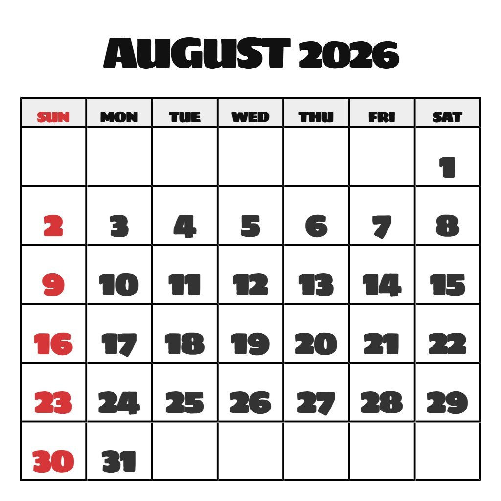 Free August 2026 Printable Calendar PDF Download
