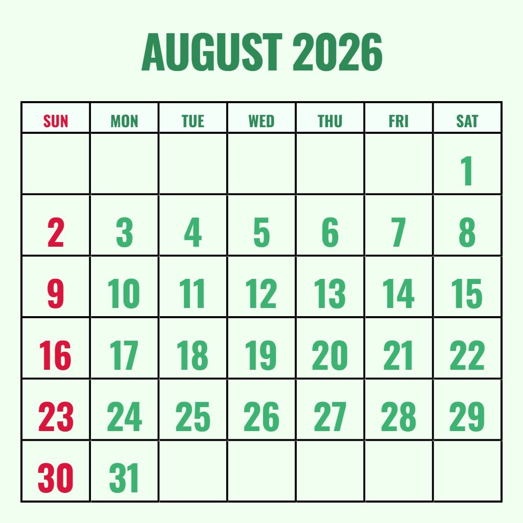 Custom Free August Calendar 2026 Printable Notes PDF Download