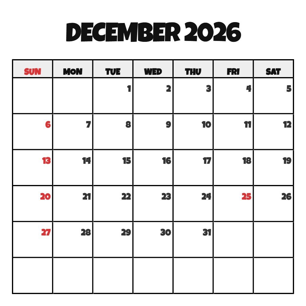 Cute Free December 2026 Calendar Printable Wallpaper PDF Download