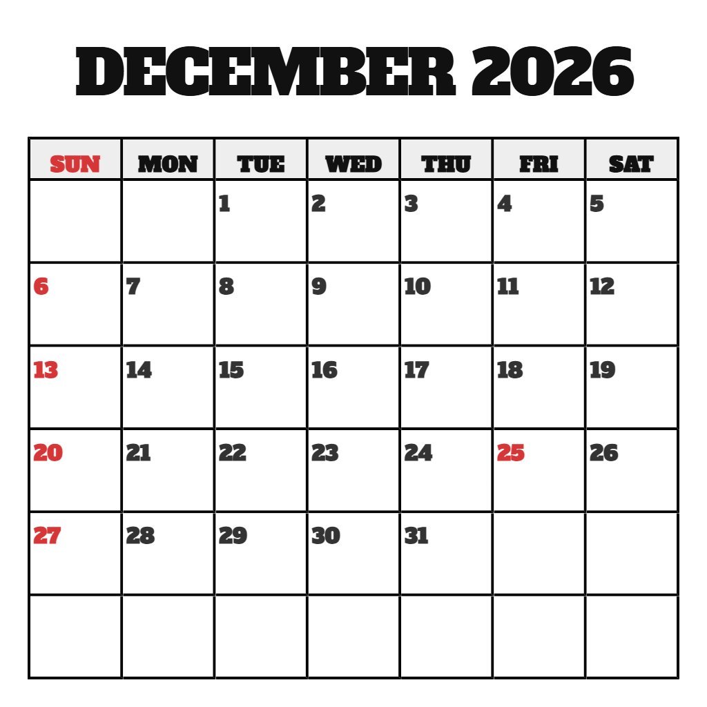 Custom Free December 2026 Calendar Printable Wallpaper PDF Download