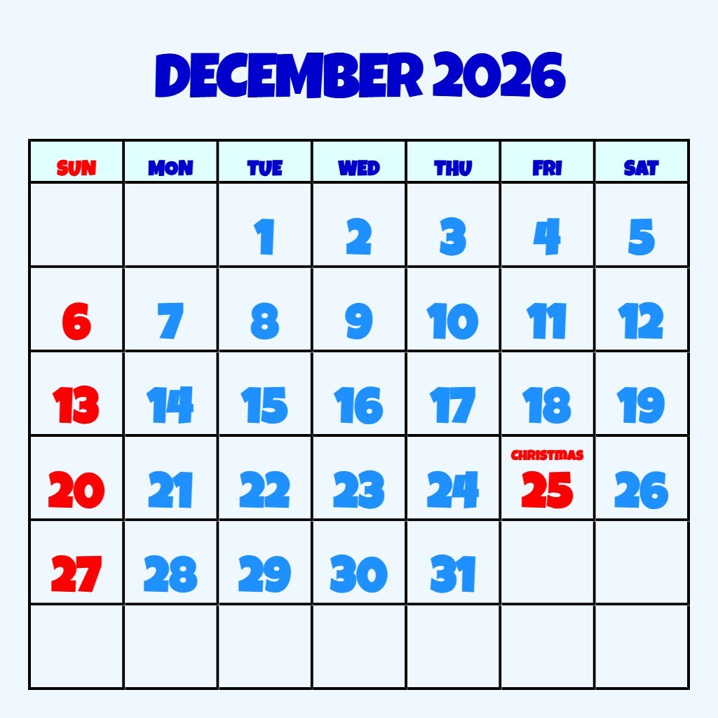 Cute Free December 2026 Calendar Printable Wallpaper PDF Download
