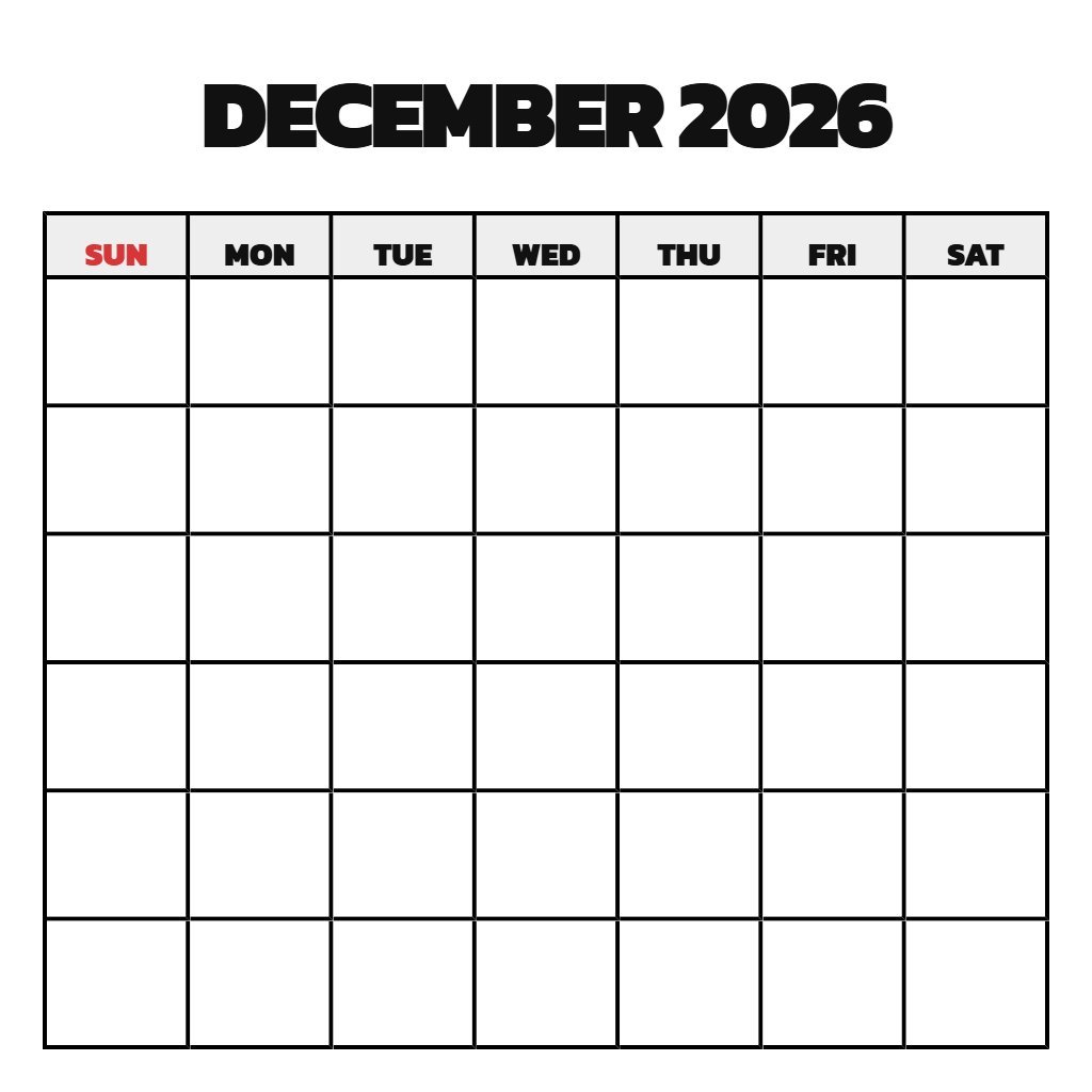 Free December 2026 Calendar Printable Blank PDF Download