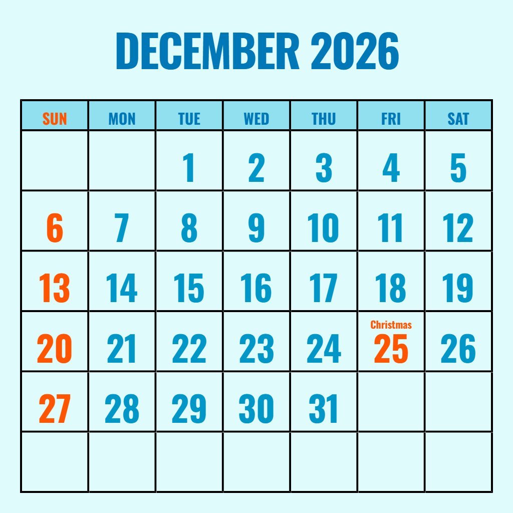 Editable Free December 2026 Printable Calendar Schedule PDF Download