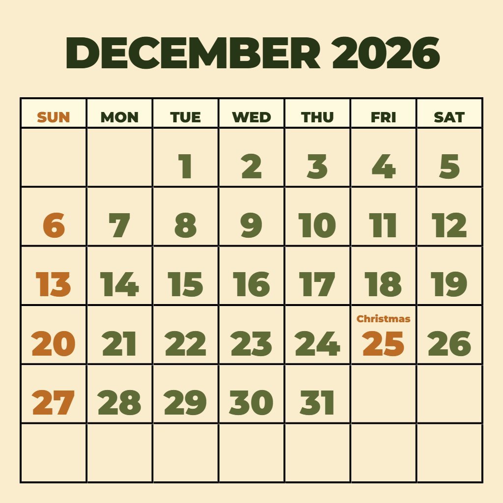 Custom Free December 2026 Printable Calendar Notes PDF Download