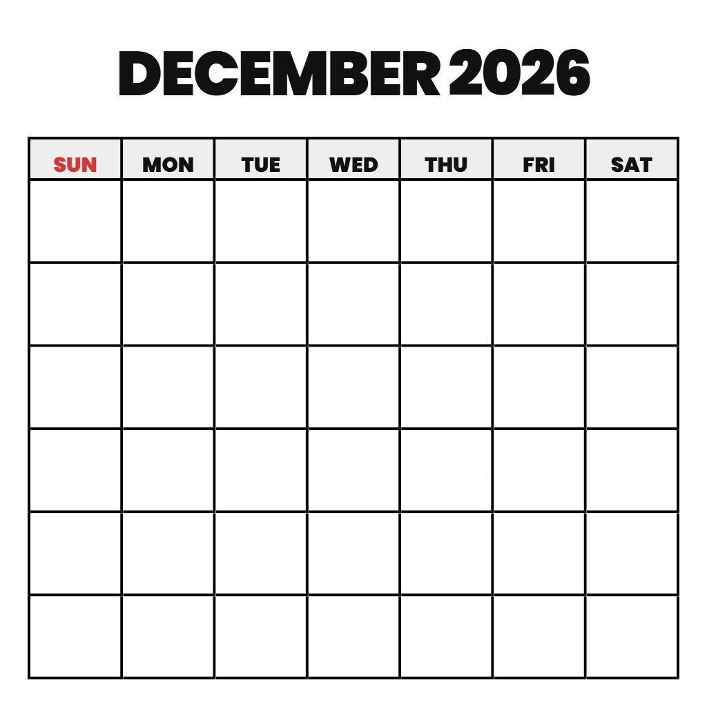 Free December 2026 Printable Calendar Blank PDF Download